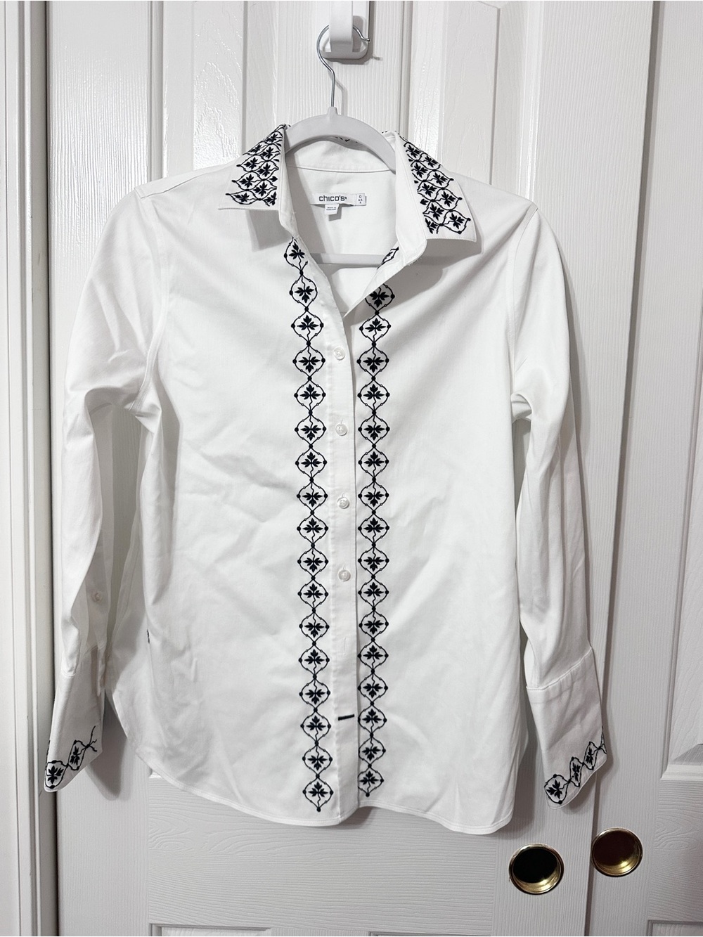 Chico's White Long-Sleeve Button Shirt with Black Embroidered Trim